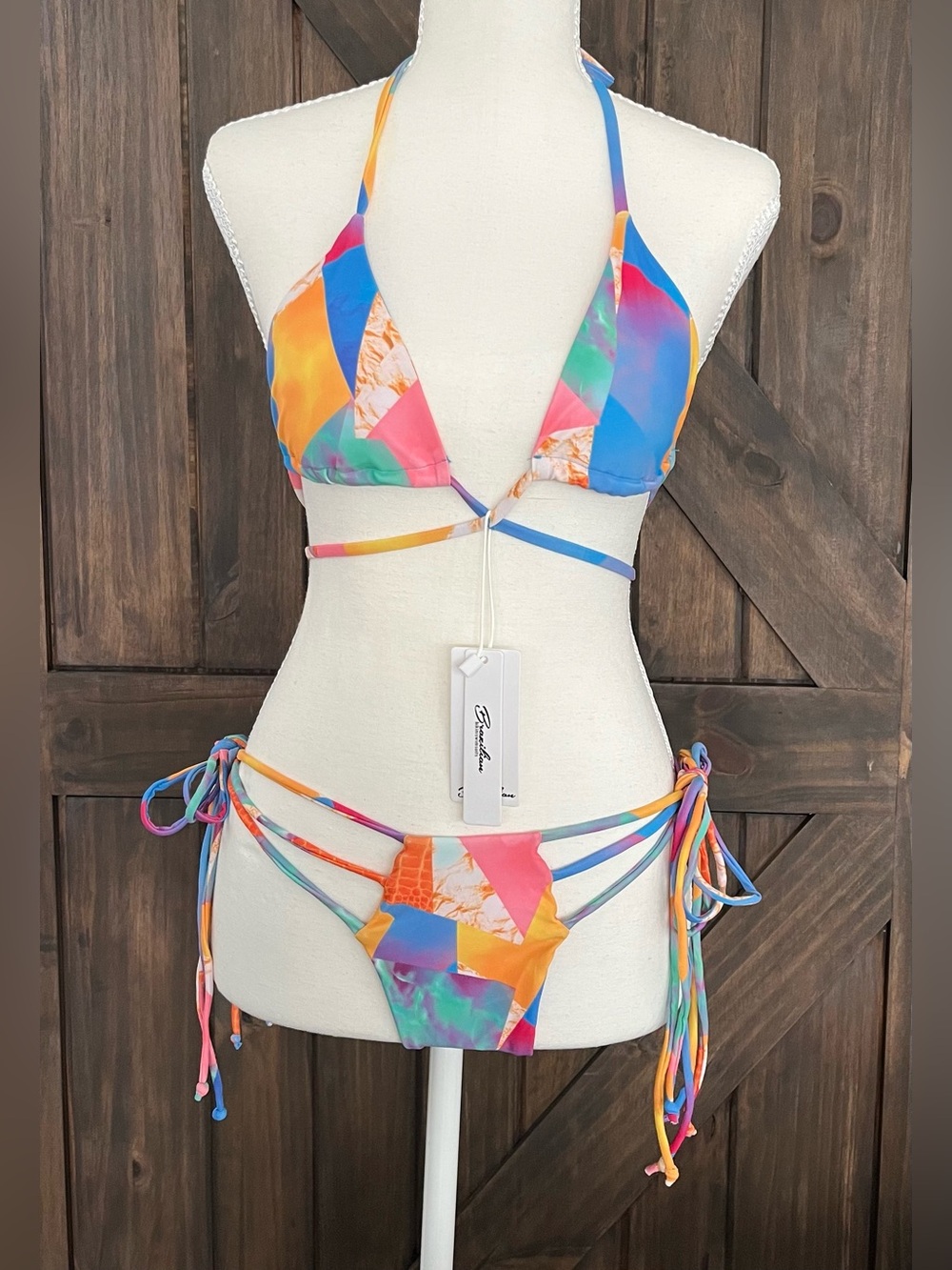 NWT Brazilian String Bikini Set Medium Colorblock Tie Side Triangle Swimsuit